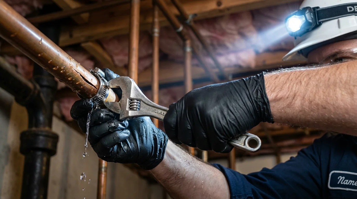 Emergency pipe clamp repair being performed by a Johns Plumbing LLC plumber in Hindman