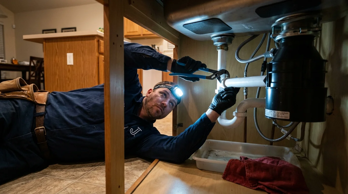 P-trap and supply line connections under a kitchen sink showing a common leak point in Hindman, KY